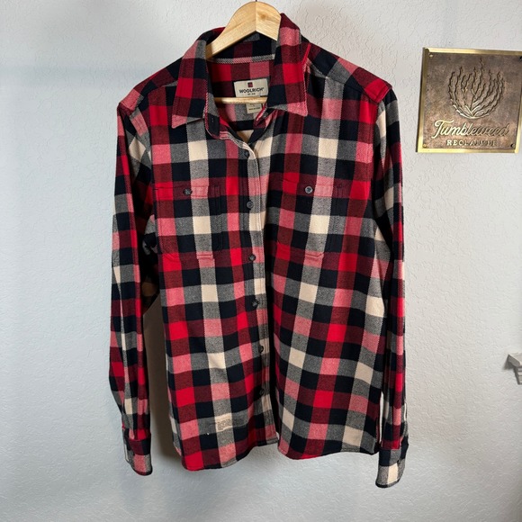 WOOLRICH Womens Red Black Tan Plaid Flannel Shirt Long Sleeve Button Up‎ Size L - Picture 3 of 11